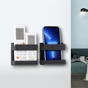 壁挂手机充电支架 围挡式遥控器收纳盒--黑色